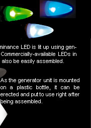 The red, high-luminance LED is lit up using generated power.  Commercially-available LEDs in other colors can also be easily assembled. / As the generator unit is mounted on a plastic bottle, it can be erected and put to use right after being assembled. 