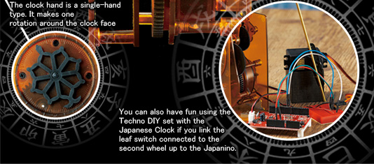 The clock hand is a single-hand type. It makes one rotation around the clock face each day. 
You can also have fun using the Techno DIY set with the Japanese Clock if you link the leaf switch connected to the second wheel up to the Japanino.