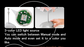 3-color LED light source  You can switch between Manual mode and Auto mode and even set it to a color you like.