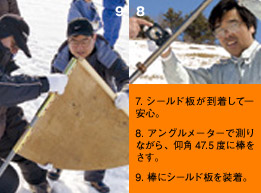 7. シールド板が到着して一安心。8. アングルメーターで測りながら、仰角47.5度に棒をさす。9. 棒にシールド板を装着。