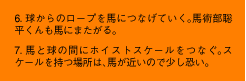 6. 球からのロープを馬につなげていく。馬術部聡平くんも馬にまたがる。 7. 馬と球の間にホイストスケールをつなぐ。スケールを持つ場所は、馬が近いので少し恐い。