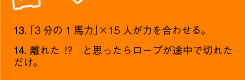 13. 「3分の1馬力」×15人が力を合わせる。　14. 離れた!?　と思ったらロープが途中で切れただけ。