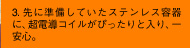 3.先に準備していたステンレス容器に、超電導コイルがぴったりと入り、安心。