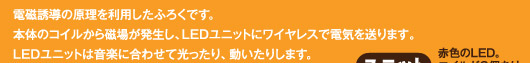 電磁誘導の原理を利用したふろくです。
本体のコイルから磁場が発生し、LEDユニットにワイヤレスで電気を送ります。
LEDユニットは音楽に合わせて光ったり、動いたりします。