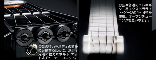 ◎弦の張力をボディの前後に分散するために、ボディ先端に据えたボルト・ナット式チューナー・ユニット。◎弦は普通のエレキギター用エクストラライト・ゲージの１?４弦を使用。オープンチューニングも思いのまま。