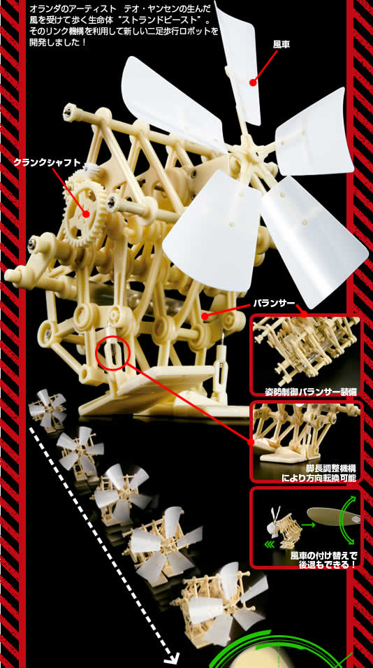 オランダのアーティスト　テオ・ヤンセンの生んだ風を受けて歩く生命体"ストランドビースト"。
そのリンク機構を利用して新しい二足歩行ロボットを開発しました！（姿勢制御バランサー装備／脚長調整機構により方向転換可能／風車の付け替えで後退もできる！）