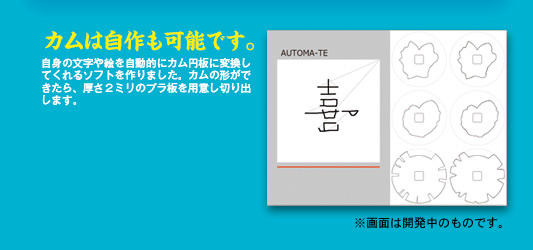 カムは自作も可能です。自身の文字や絵を自動的にカム円板に変換してくれるソフトを作りました。カムの形ができたら、厚さ２ミリのプラ板を用意し切り出します。